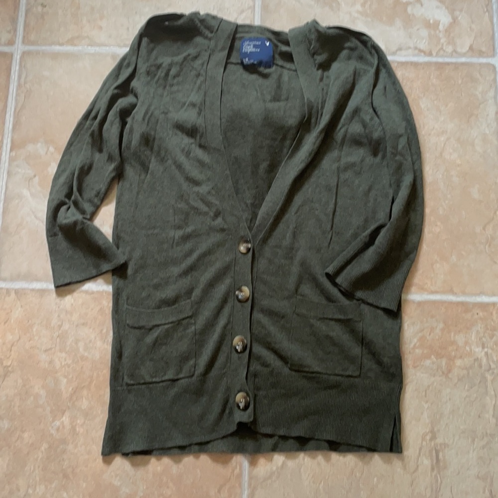 Dark Green AE Button Front Hooded Cardigan size L